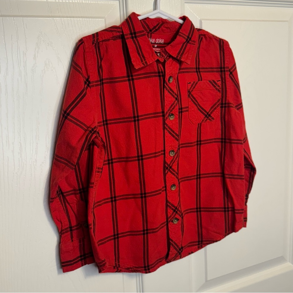 Okie Dokie Boys 5T Red Black Plaid Button Down Long Sleeve Christmas Holidays - Picture 3 of 4